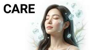 평온한 표정의 여성과 이완 요법을 상징하는 비주얼