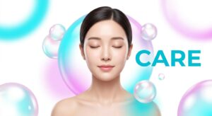 평온한 모습의 모델과 회복 및 케어를 상징하는 비주얼